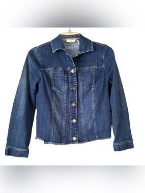 Chico’s Denim Jacket, Sz. 0P/SP, Cropped, Raw Edge Hem, Updated Trucker Style